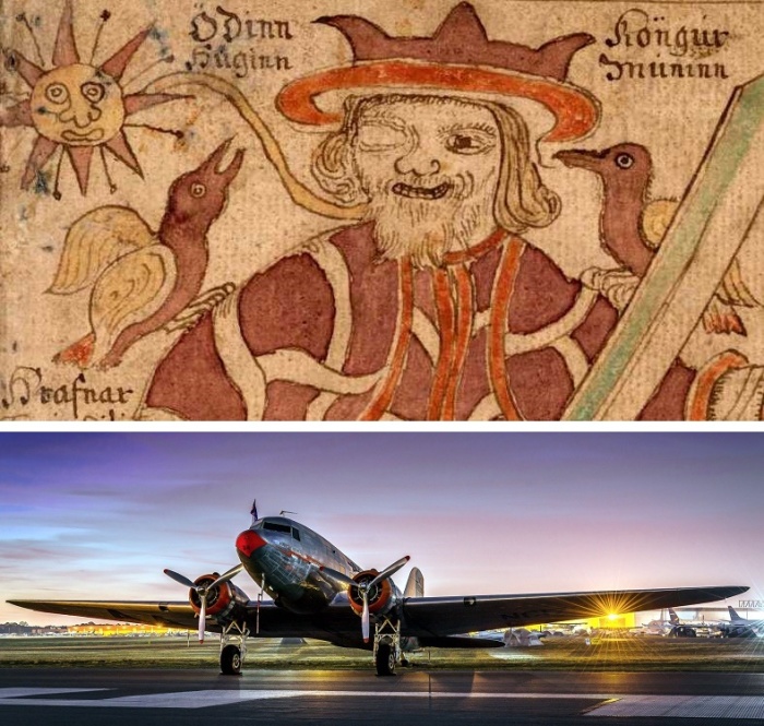 Бог Один и его вороны - Хугин и Мунин. Средневековый рисунок. Внизу - самолет Douglas DC-3.