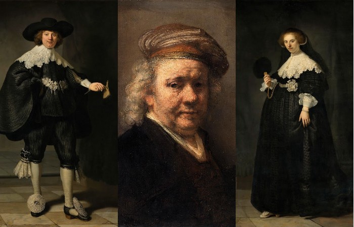 «Портреты Мартен Сулманс и Опьен Коппит» (1634) (справа и слева), Рембрандт (в центре).