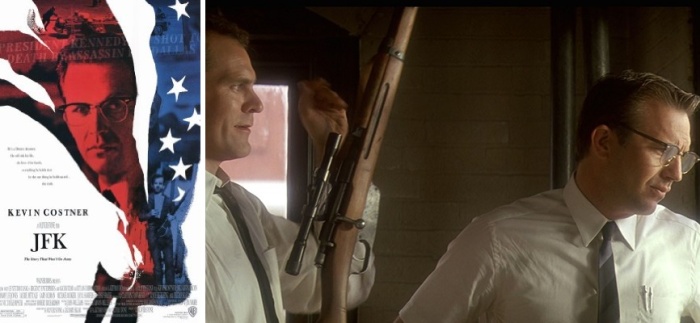 Постер и кадр из фильма JFK с Кевином Костнером в главной роли