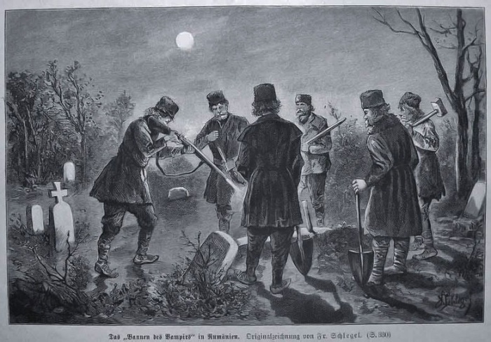 Мужчины убивают вампира в могиле. Румыния, гравюра 1893 года. / Источник: kayiprihtim.com