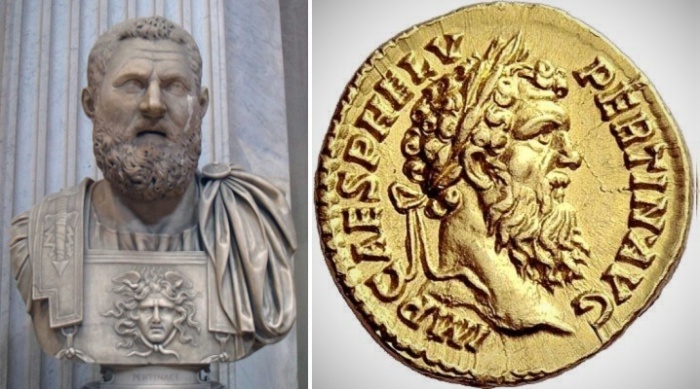Император Публий Пертинакс и золотой сестерций с его профилем.