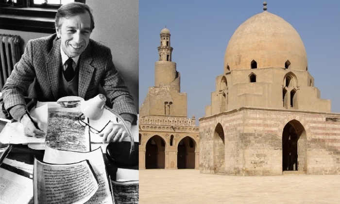 Норман Голб за работой, 1962 год. Справа – каирская синагога Фустата.