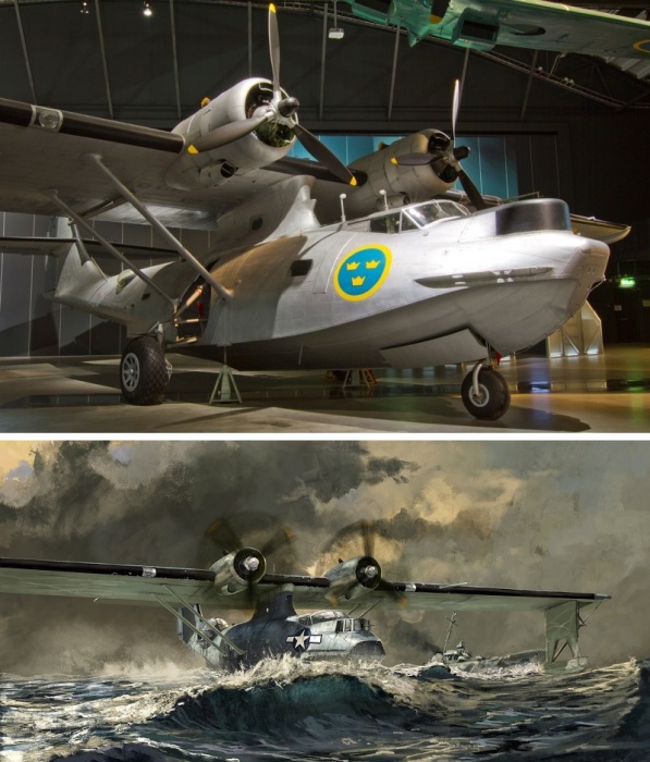Самолет-амфибия PBY Catalina ВВС Швеции (вверху). Внизу - посадка «Каталины» американских ВВС на воду.