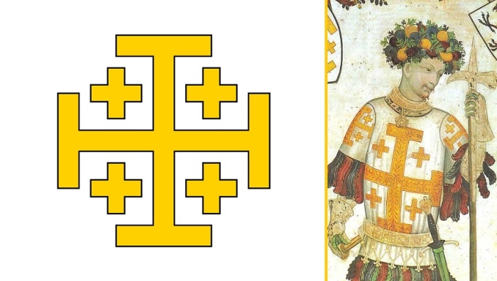 Флаг Иерусалимского королевства крестоносцев и его воин.