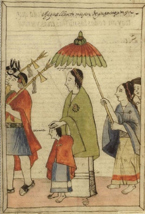 Королева Инков с ребенком. Слуги держат над ними зонт. Иллюстрация из «Кодекса Муруа», 15 век / Источник: wikipedia.org