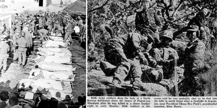 Трупы северных корейцев, погибших во время атаки на «Голубой дом» (слева); южнокорейские солдаты тащат тела спецназовцев по склонам горы Пугаксан (справа) / Фото: National Archives of Korea