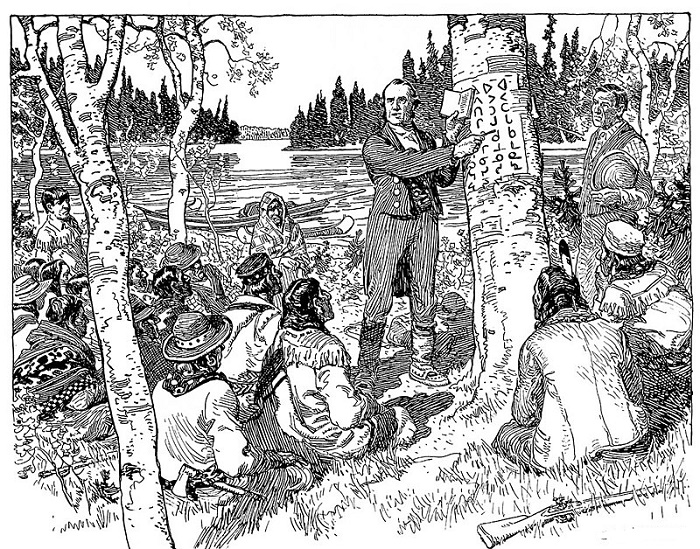 Джеймс Эванс обучает канадских индейцев силлабическому алфавиту. Гравюра 1840-х годов / Фото: wikipedia.org