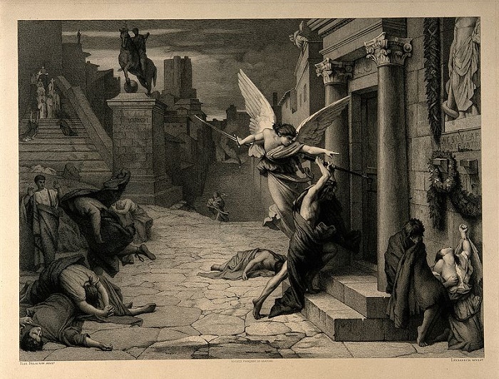 Ангел смерти пробивает дверь во время чумы в Риме. Гравюра XIV века. / Фото: wikipedia.org