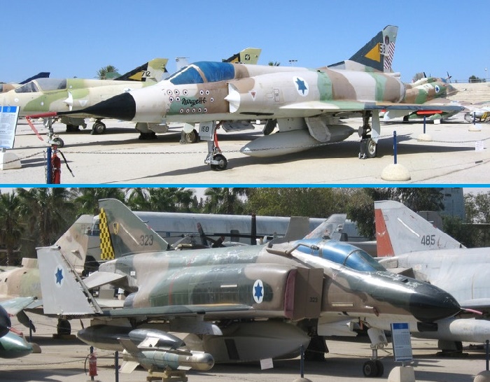 Истребители ВВС Израиля времен «Войны на истощение»: Dassault Mirage IIIC (вверху) и F-4E Phantom II в музее Хацерим / Фото: embassies.gov.il