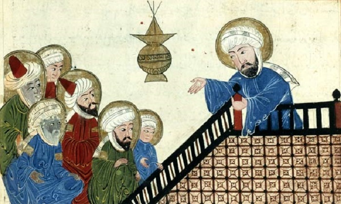Мухаммед читает проповедь перед уммой. Иллюстрация Аль-Бируни, XI век / Фото: wikipedia.org