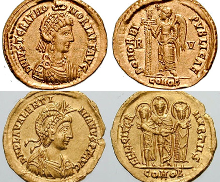 Чеканные монеты с ликом Гонории и ее правящего брата Валентиниана III.