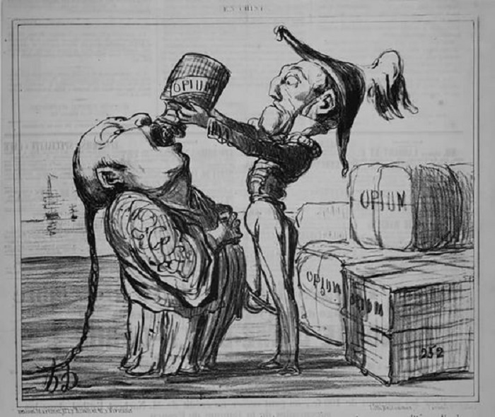 Карикатура на снабжение британцами Китая опиумом, 1821 год / Фото: britannica.com