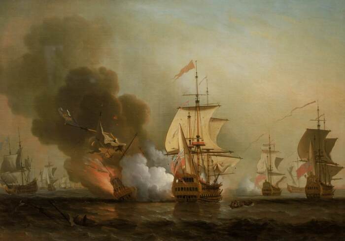 Картина Сэмюэля Скотта «Морская битва при Картахене». Изображён момент взрыва на корабле «Сан-Хосе» / Фото: wikipedia.org