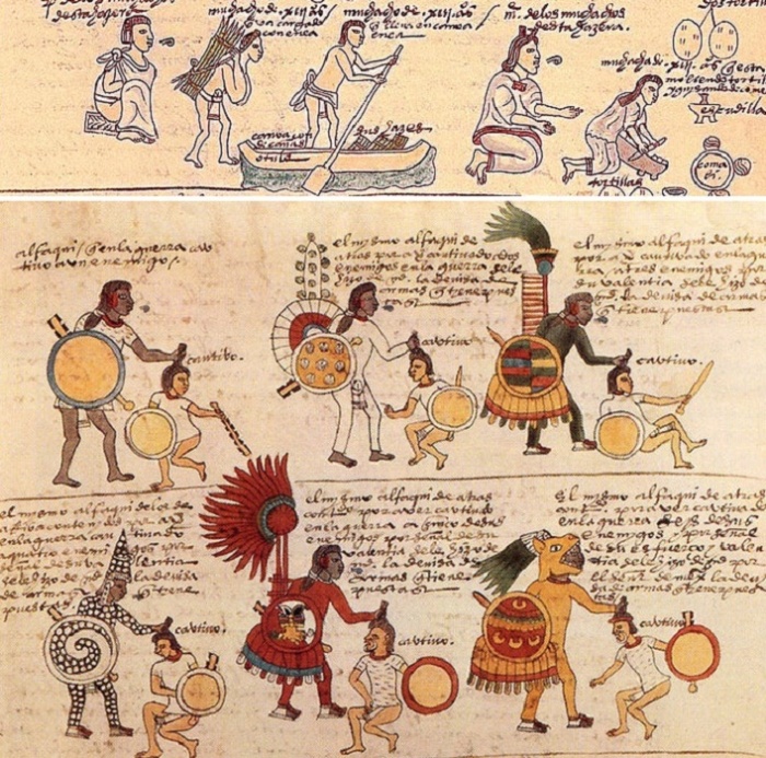 Ацтеки и пленные. Иллюстрация: Кодекс Мендоса, приблизительно 1547 год. / Фото: wikipedia.org