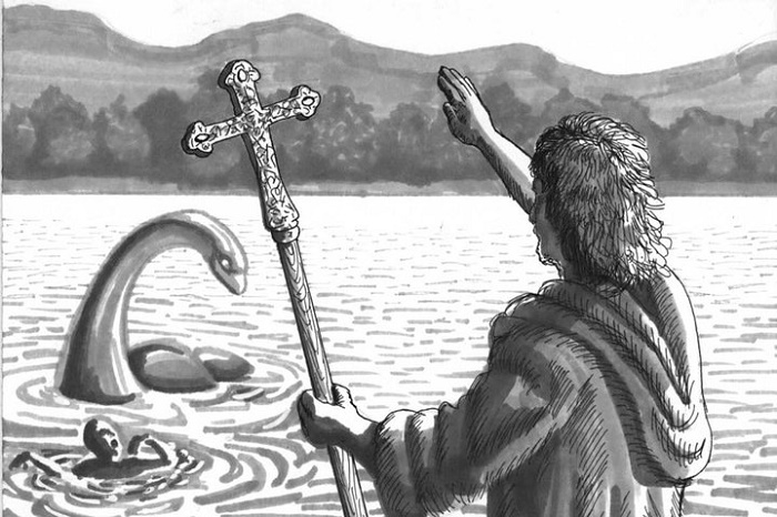 Святой Колумба молитвой отогнал чудовище озера Лох-Несс, спас тем самым своего ученика. Иллюстрация к шотландской легенде. / Источник: facebook.com