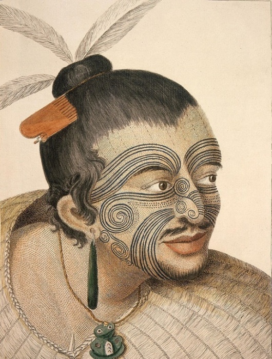 Вождь Маори с татуировкой на лице, Сидней Паркинсон, 1784 год. National Library of New Zealand. Фото: bbc.com