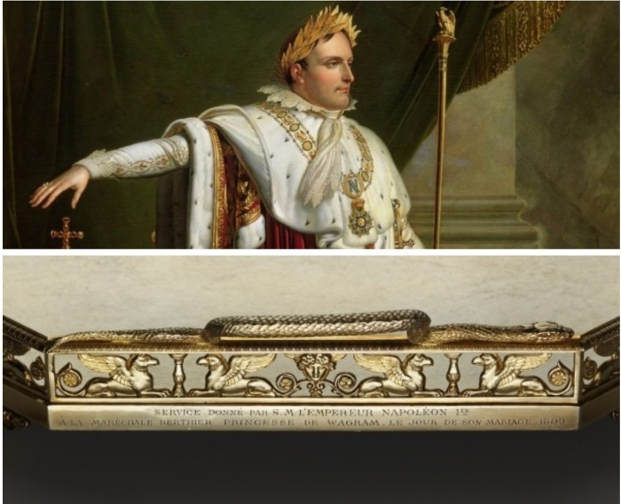 Надпись на подносе сервиза, которая гласит, что набор является подарком от Наполеона І Бонапарта