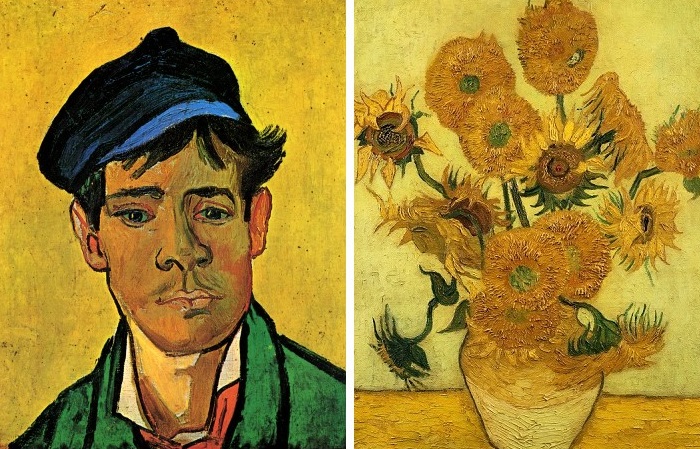 Картины Ван Гога «Юноша в кепке» и «Подсолнухи».