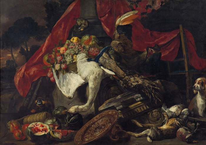 Питер Боэль (1622-1674) Натюрморт с игрой, попугай, собака, обезьяна и фрукты