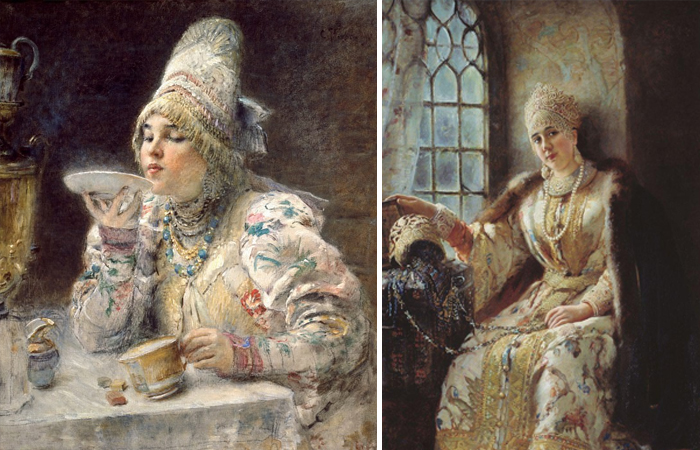 Работы Маковского: «За чаем» (1914) и «Боярыня у окна» (1885) 