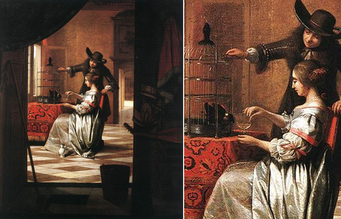 Питер де Хох «Парочка с попугаем» 1668
