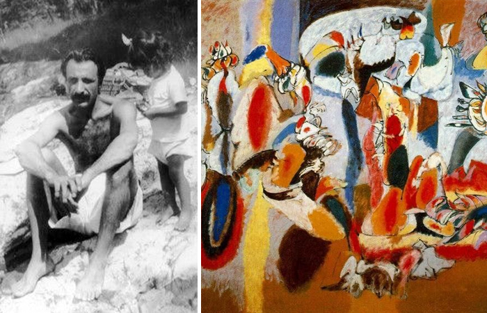 Аршил Горки с дочерью Наташей и его картины «Печень как петушиный гребень» (1944)