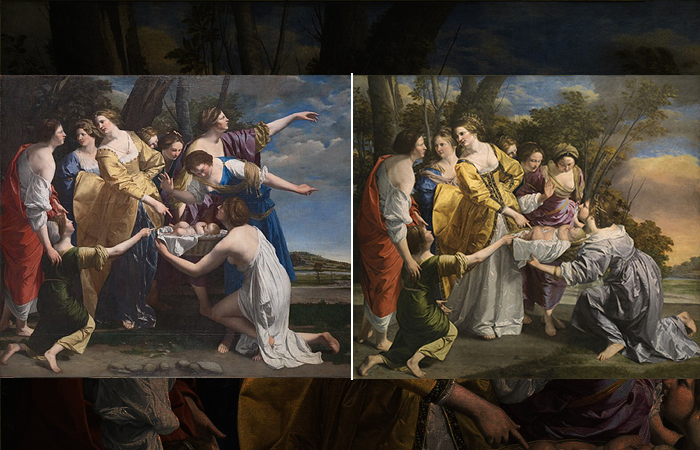 «Обнаружение Моисея»: первая версия слева (Лондон) и вторая версия справа (Мадрид)