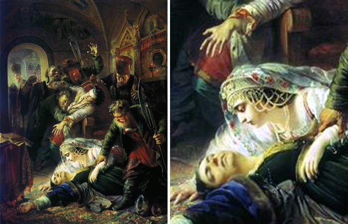 Картина Маковского «Агенты Дмитрия Самозванца убивают сына Бориса Годунова» (1862)
