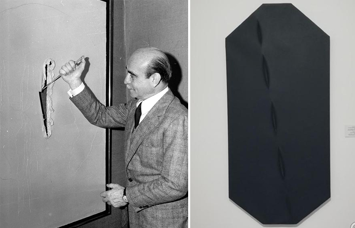 Лучо Фонтана в процессе творческой работы и его концепция в черном цвете