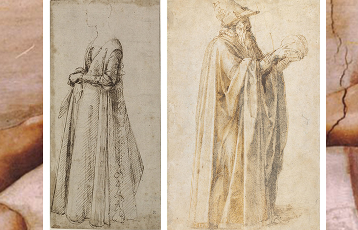 Слева: рисунок Доменико Гирландайо «Стоящая женщина» (1485-90), справа - работа Микеланджело «Старик в шляпе» (1495-1500)