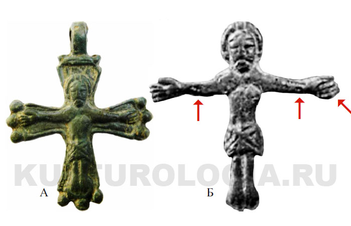 Крест, найденный в окрестностях Друцка (А). Красными стрелками указаны особенности иконографии Христа (Б).