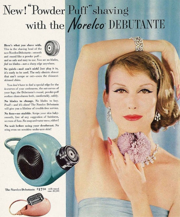 Гладкая, как пуховка. Реклама женской электробритвы 1950-х гг.