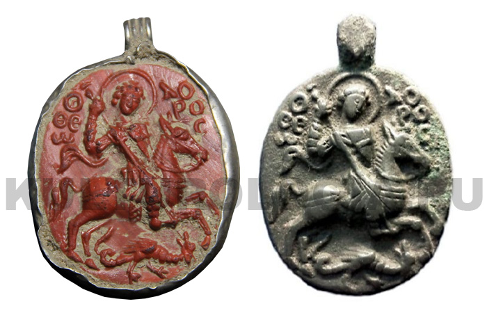 Стеклянная иконка-литик Святой Федор XIII в. и перелитый с нее образок из бронзы XIV - XV вв.
