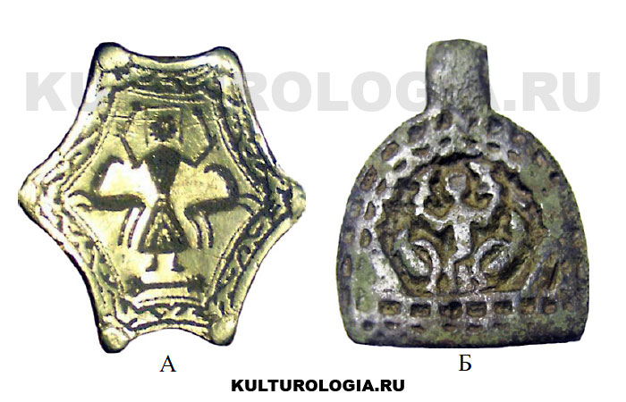 Традиционное для древней Руси изображение «Полёт Александра Македонского на небо» на площадке перстня (А) и подвеске (Б).