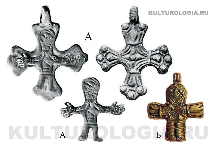 Распятие креста (А) близко по иконографии Распятию на золотым кресте п. п. X в. с датского острова Фюн (Б).