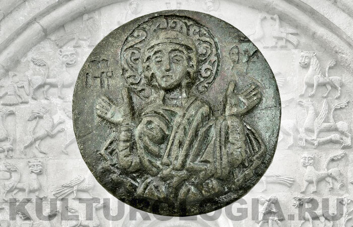 Древнерусская матрица круглой формы с изображением Богоматери, 13 век.