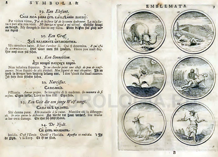 Страницы книги «Символы и емблематы» 1705 года издания.