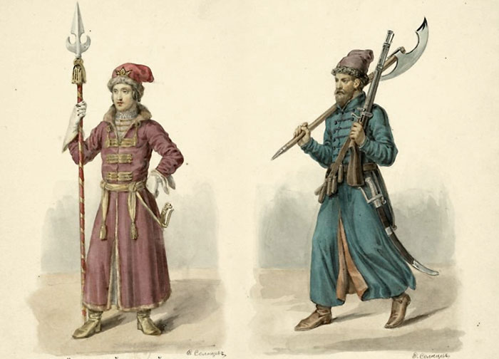 Рисунки из альбома Ф.Г. Солнцева «Одежды Русского государства» изданного в 1869 году, «служивые люди» XVII века.