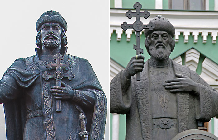 Кресты на скульптурах князя Владимира в Смоленске и в Москве.