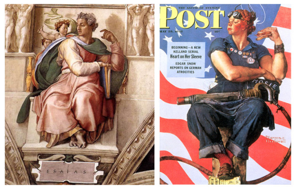 Микеланджело, 'Исаия', 1509 г. Современный взгляд: Норман Роквелл , 'Рози Клепальщица' 1943 г.
