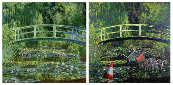 Клод Моне, 'Мост через Пруд водяных лилий', 1899 г. Современный взгляд: Бэнкси