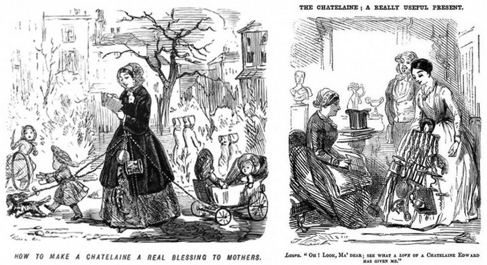 Юмористический рисованный комикс 19 века из журнала "Панч", в котором высмеивались дамы, носящие шатлены. 