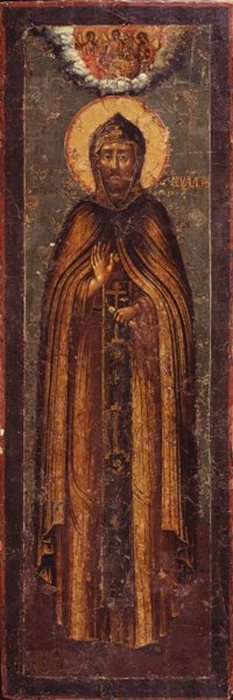 Так выглядит мерная икона: святой покровитель в полный рост и сверху изображение Святой Троицы.