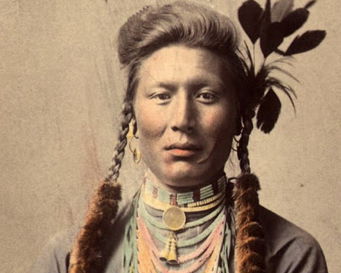 Старый Койот (или Желтый пес), племя кроу. Оригинал фотографии 1879 года, цветная ретушь 1910 года.