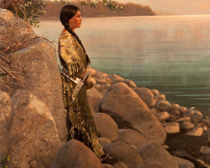 Ручная роспись фото молодой индианки на берегу реки, начало 1900-х.