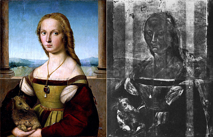 Слева: Дама с единорогом. Рафаэль, ок. 1506 г. Справа: Рентгеновский снимок картины.