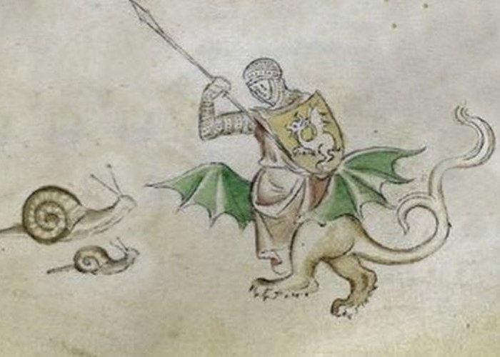 Средневековое искусство: рыцари, сражающиеся с улитками.