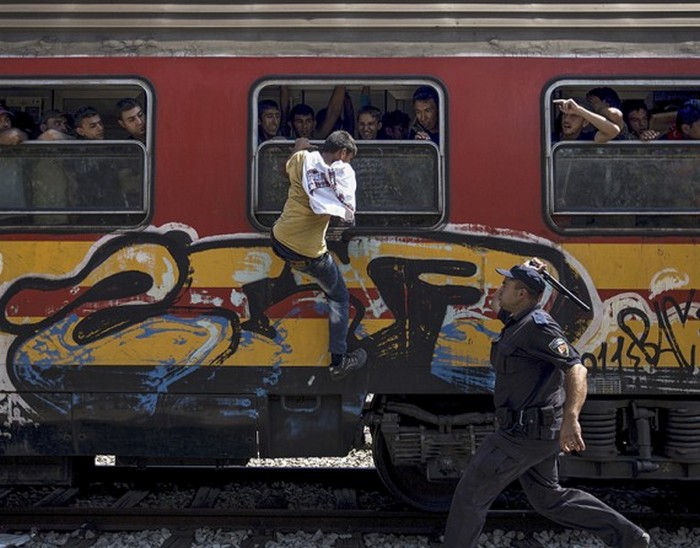 Полицейский пытается остановить беженца, пытающегося забраться в поезд через окно. Вокзал Гевгелия в Македонии, недалеко от границы с Грецией. (Thomson Reuters / Стоян Ненов - 15 августа 2015)