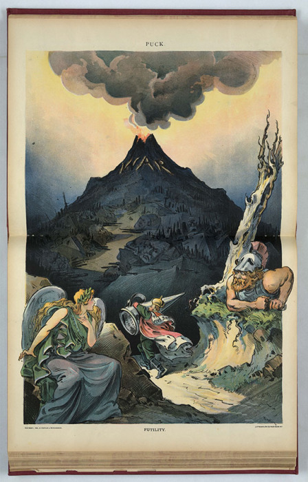 «Тщета»: царь пытается поднять заглушку («мирную конференцию») на вершину, чтобы закрыть вулкан войны.