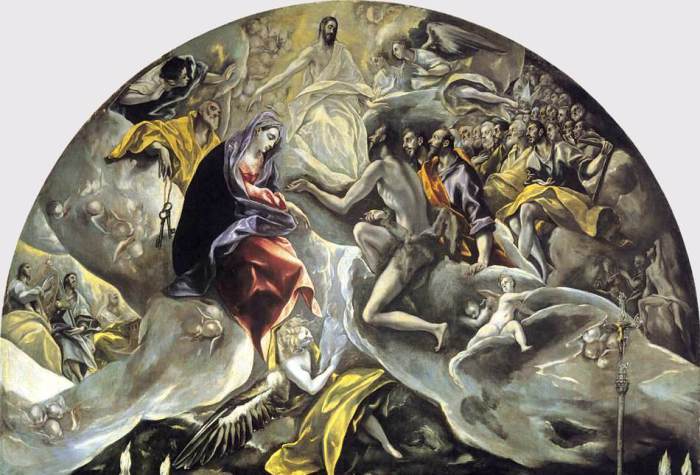 Библейский сюжет в верхней части картины Эль Греко *Погребение графа Оргаса*.